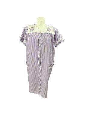 Vintage Casual Nights Seersucker House Dress Purple Stripe Butterfly Snap Medium